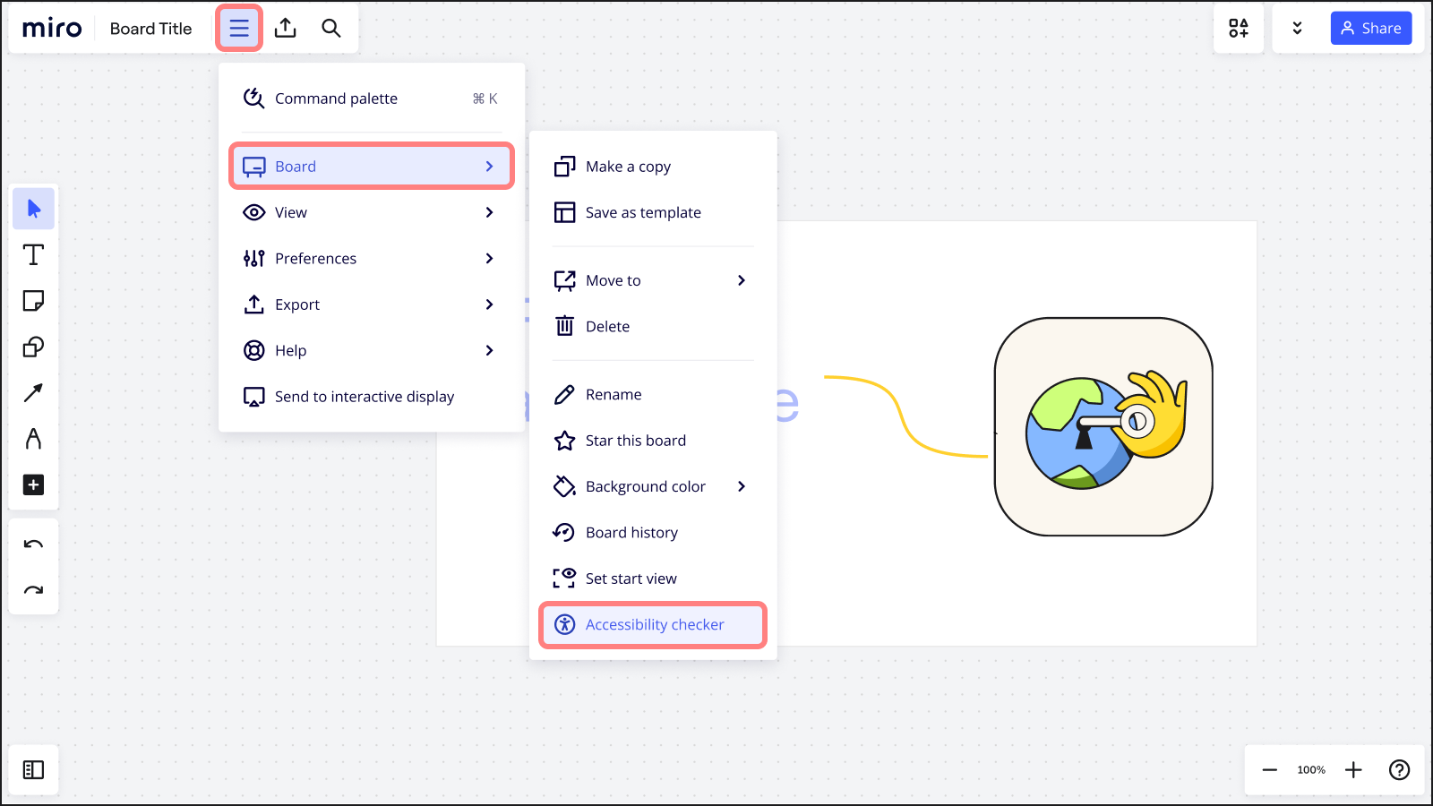 Accessibility checker can be found in Board Toolbar/ Main menu/ Board
  Settings/ Accessibility checker