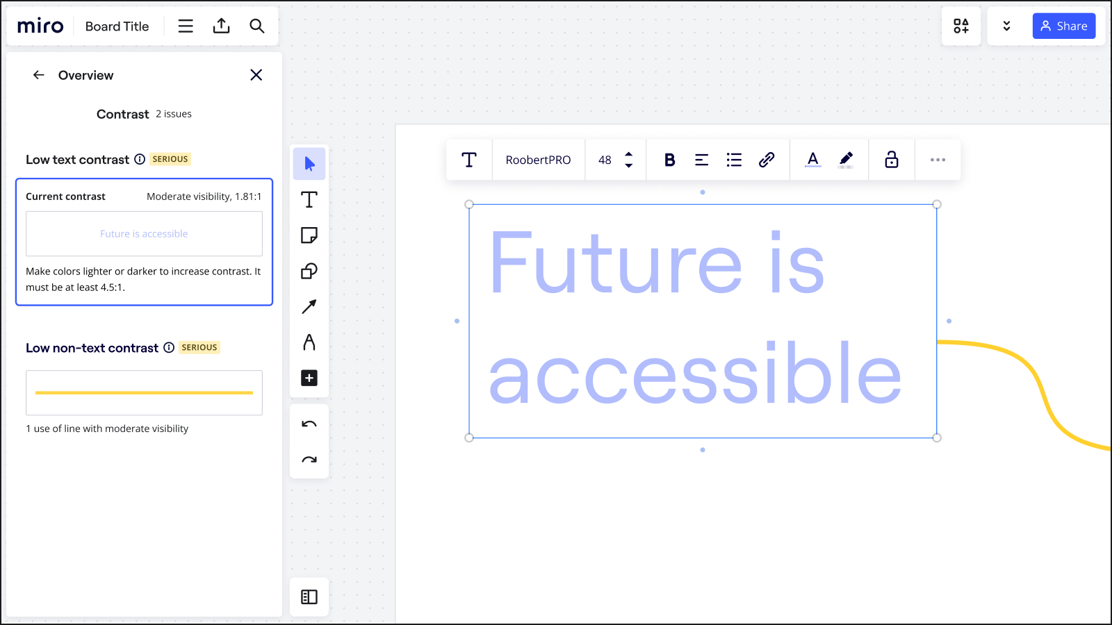 A text object with insufficient contrast is selected on the board