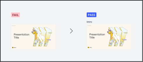 Unnamed frame marked Fail, same frame labeled Intro marked Pass