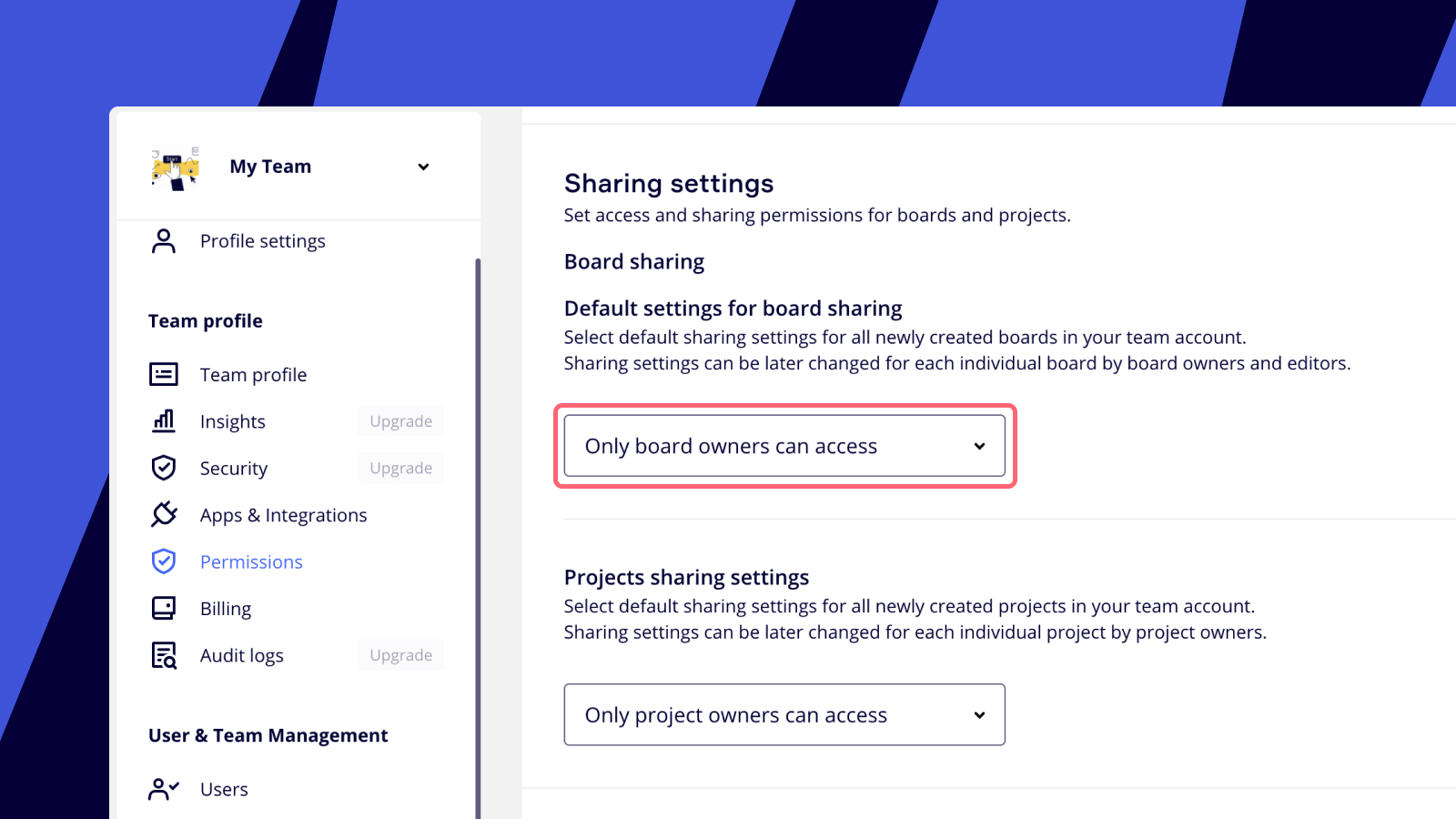Default sharing settings in Miro.