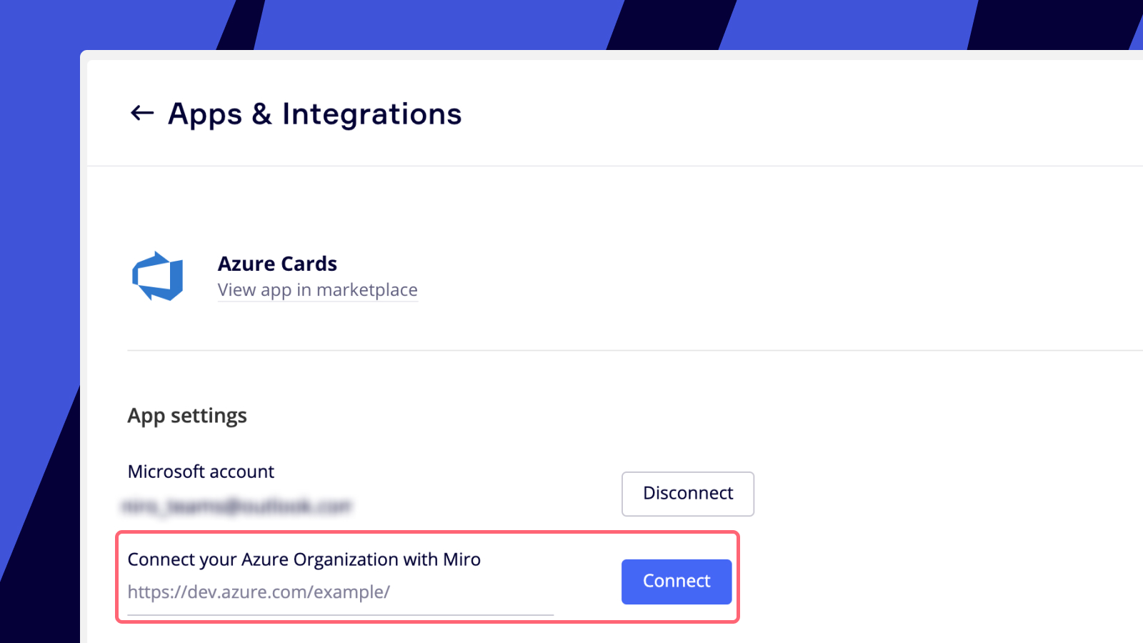 Spécification de l'URL de l'organisation Azure dans les paramètres de l'application Miro.