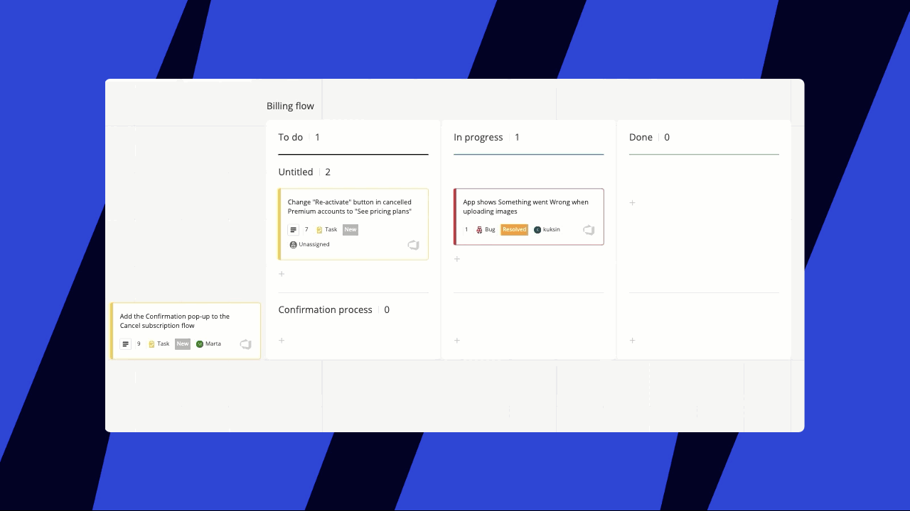Animation showing Azure Cards being used within a Miro Kanban board.