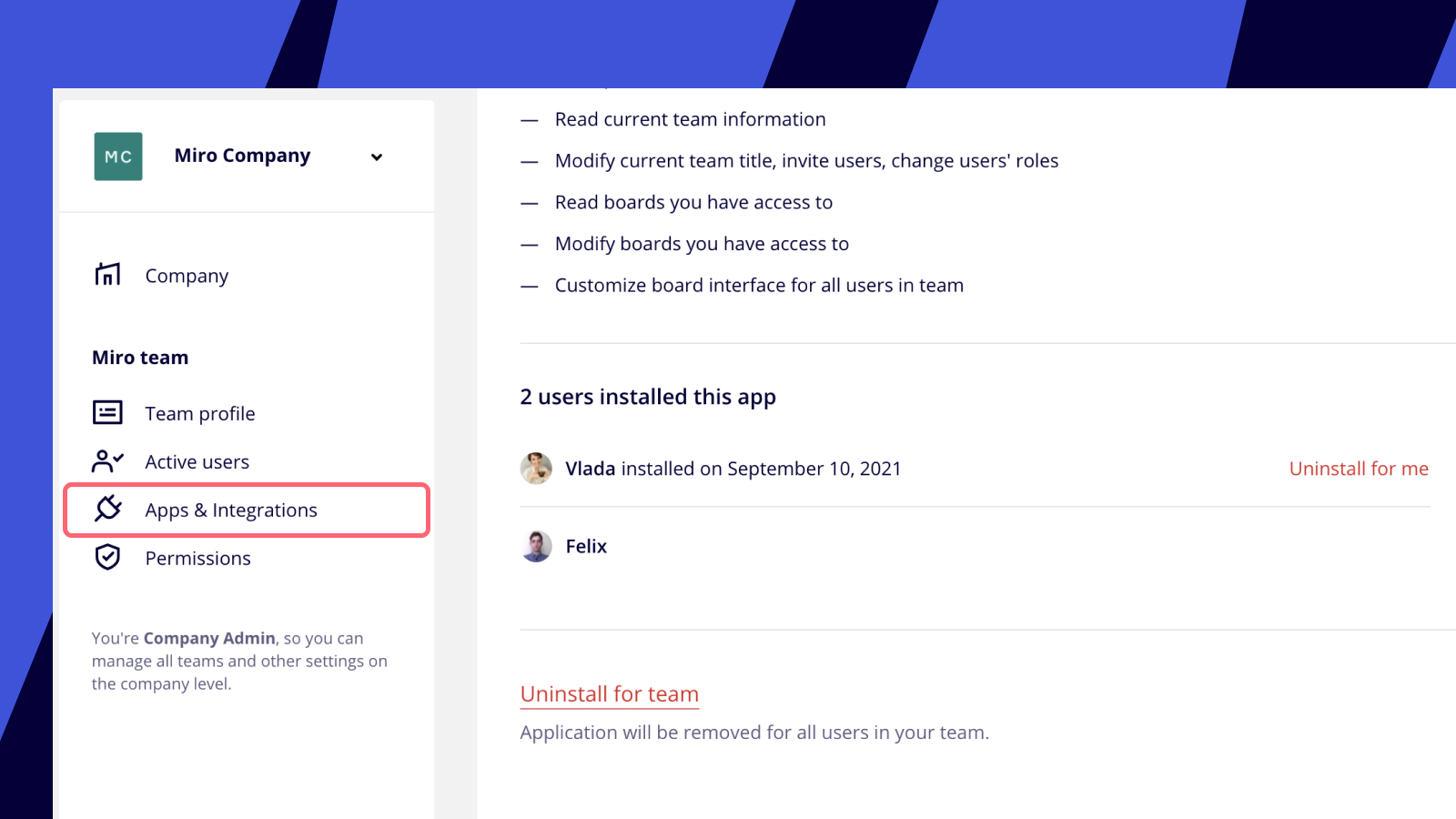 Options to uninstall Azure Cards for the team or for an individual user.