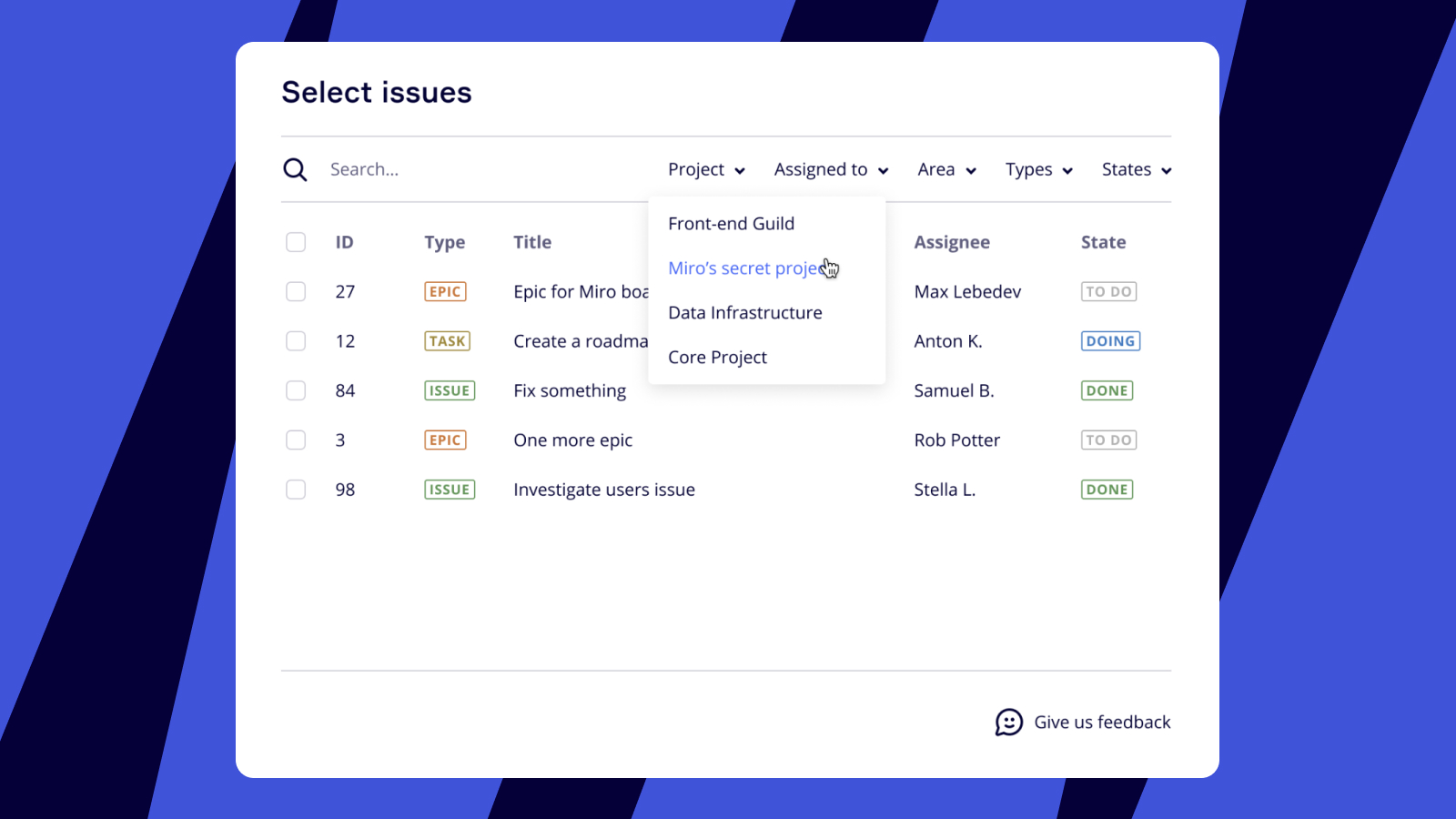 Filtering options within the Azure Cards picker.
