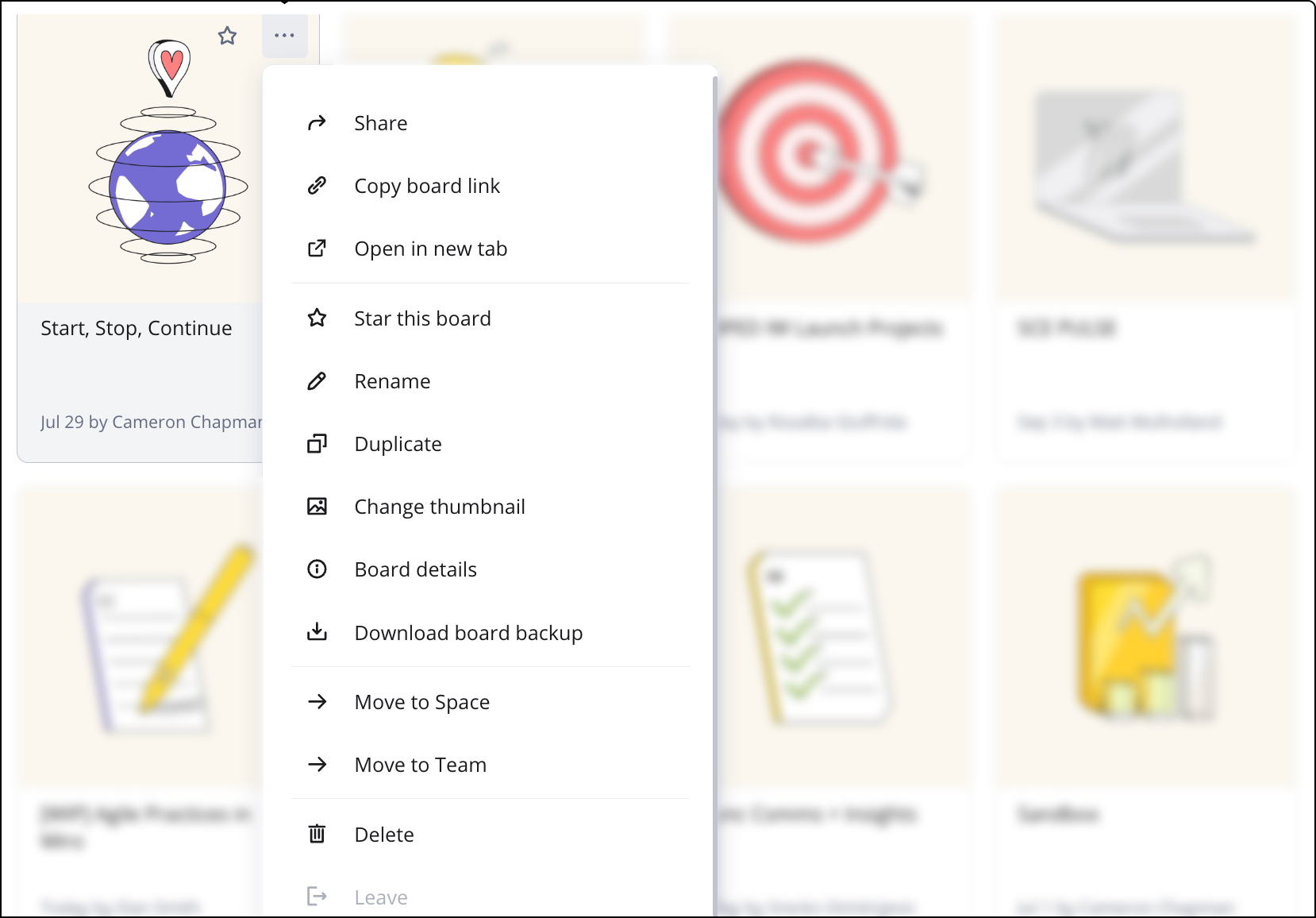 Board card on the dashboard with the three-dot menu icon highlighted, showing options like Share, Rename, Move.