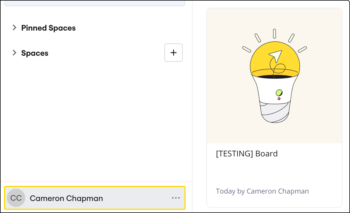 Avatar do usuário e nome no canto inferior esquerdo do painel, com a opção Configurações destacada.