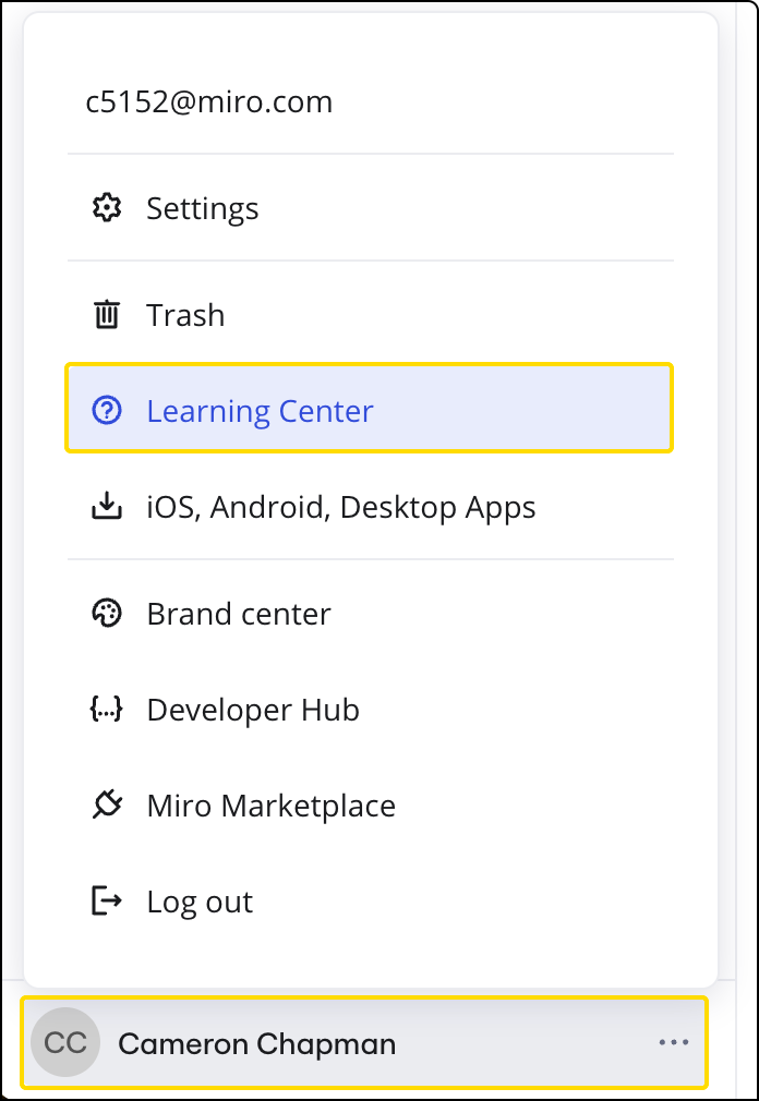 Accéder au Centre d’apprentissage depuis le menu du profil utilisateur sur le tableau de bord.