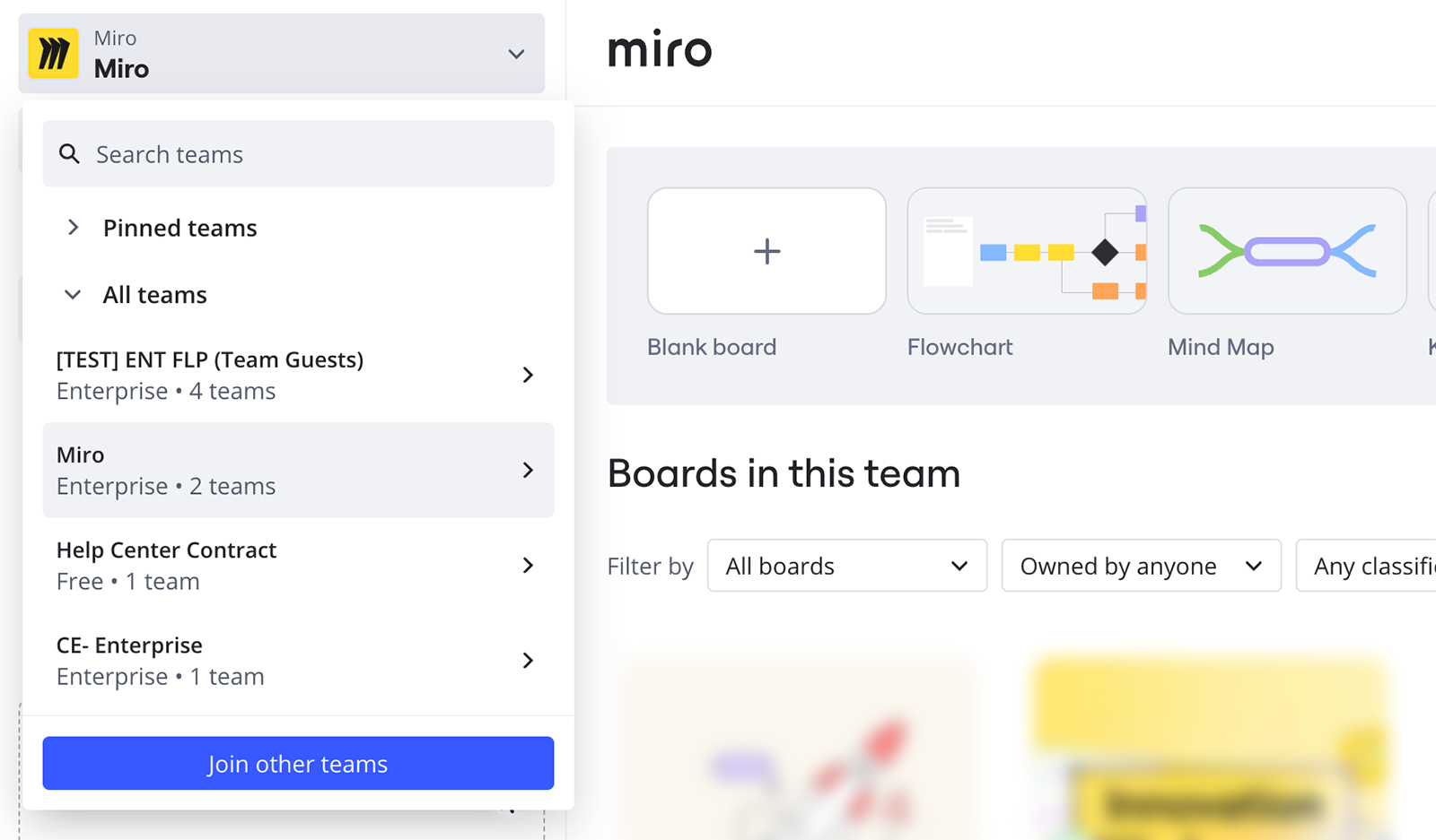 Dropdown menu showing multiple Miro teams that can be switched between or pinned.