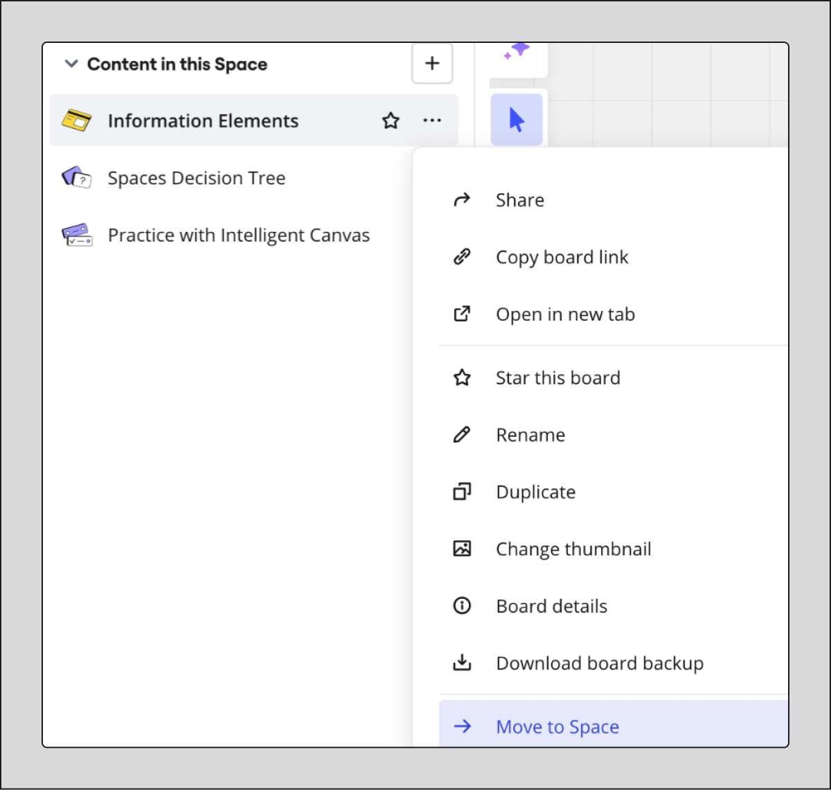 Move a board to another Space from the sidebar menu.