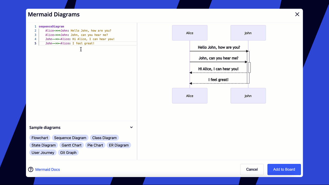 Demonstration of changing Mermaid diagram code and seeing a live preview in the Miro app.