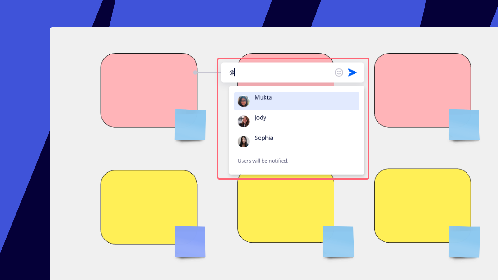 A dropdown list showing suggested user mentions when typing '@' in a comment.