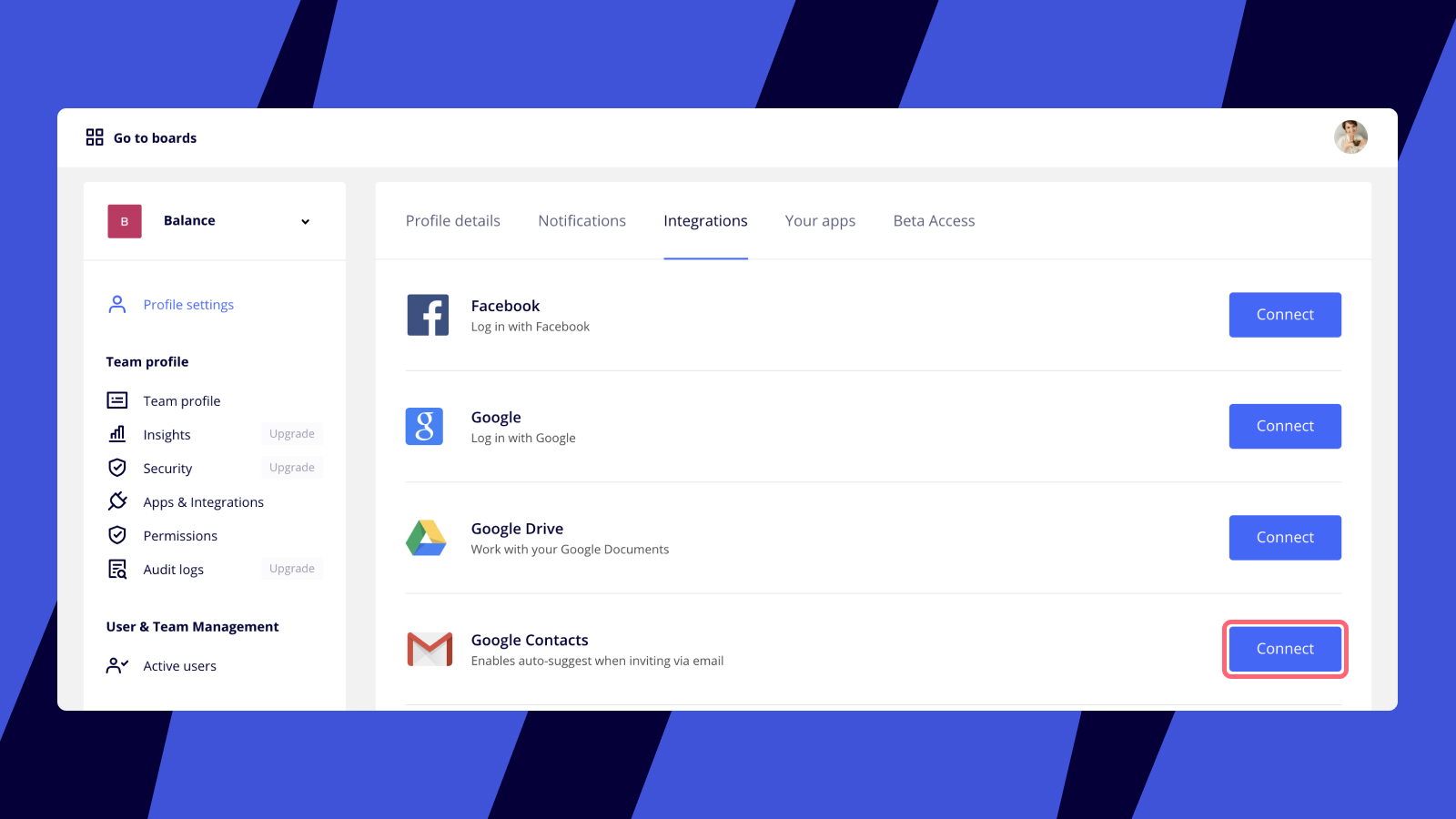 Botón para conectar Google Contacts en la configuración de integraciones de Miro.