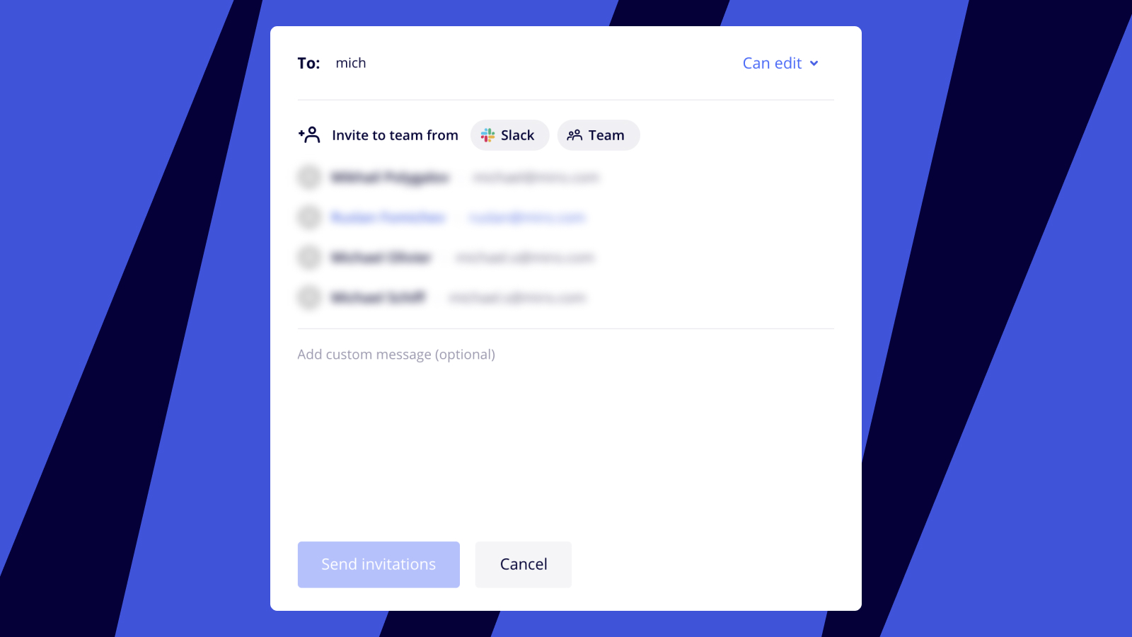 Sugerencias de autocompletado de Contactos de Google en el diálogo para compartir de Miro.