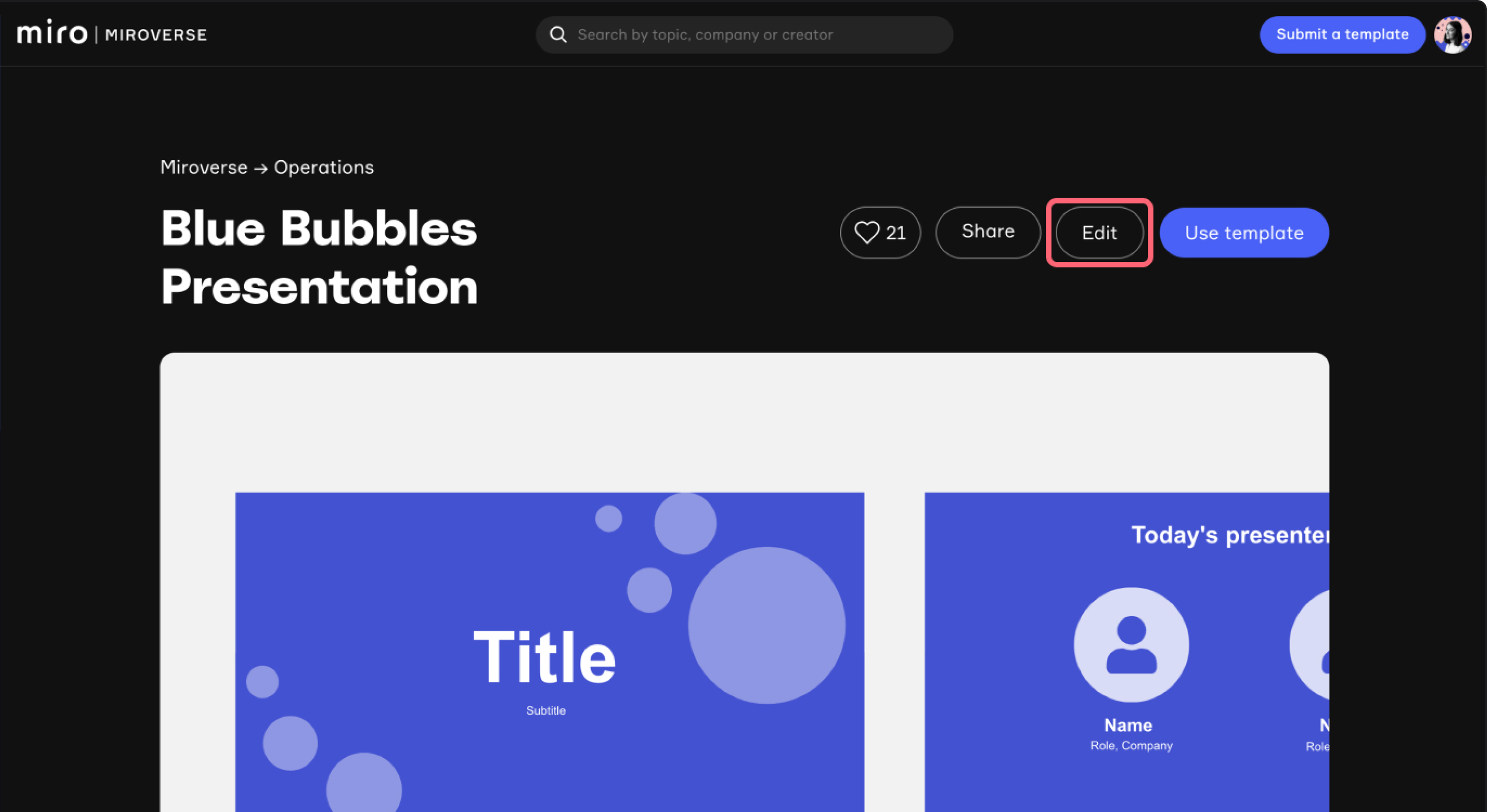 Entering the template editing mode