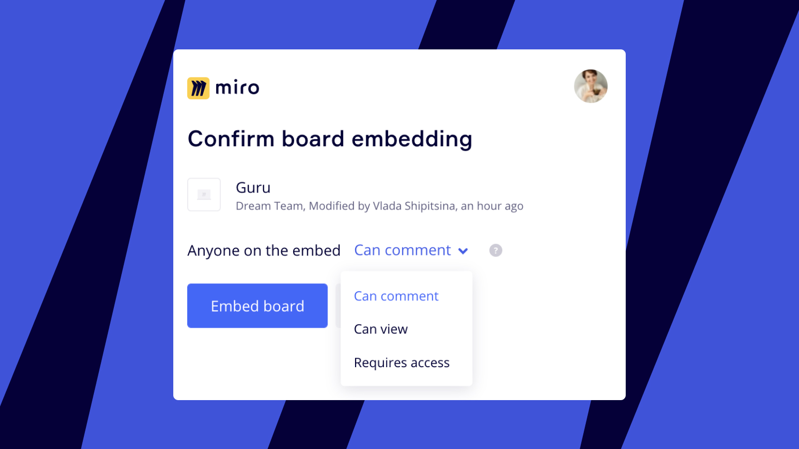Sharing settings options when adding a Miro board to Airtable.