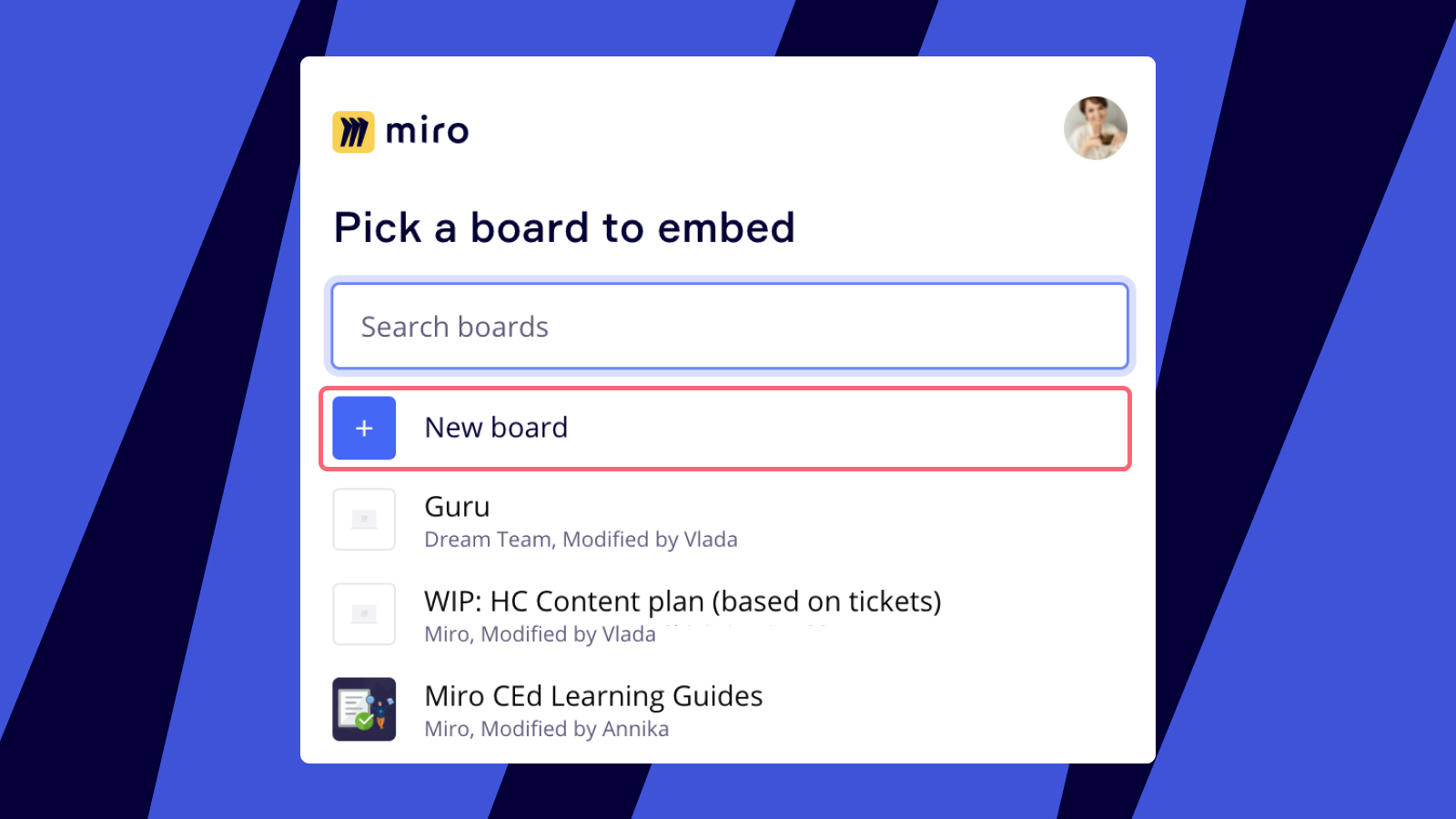 Creating a new Miro board from the picker within Airtable.