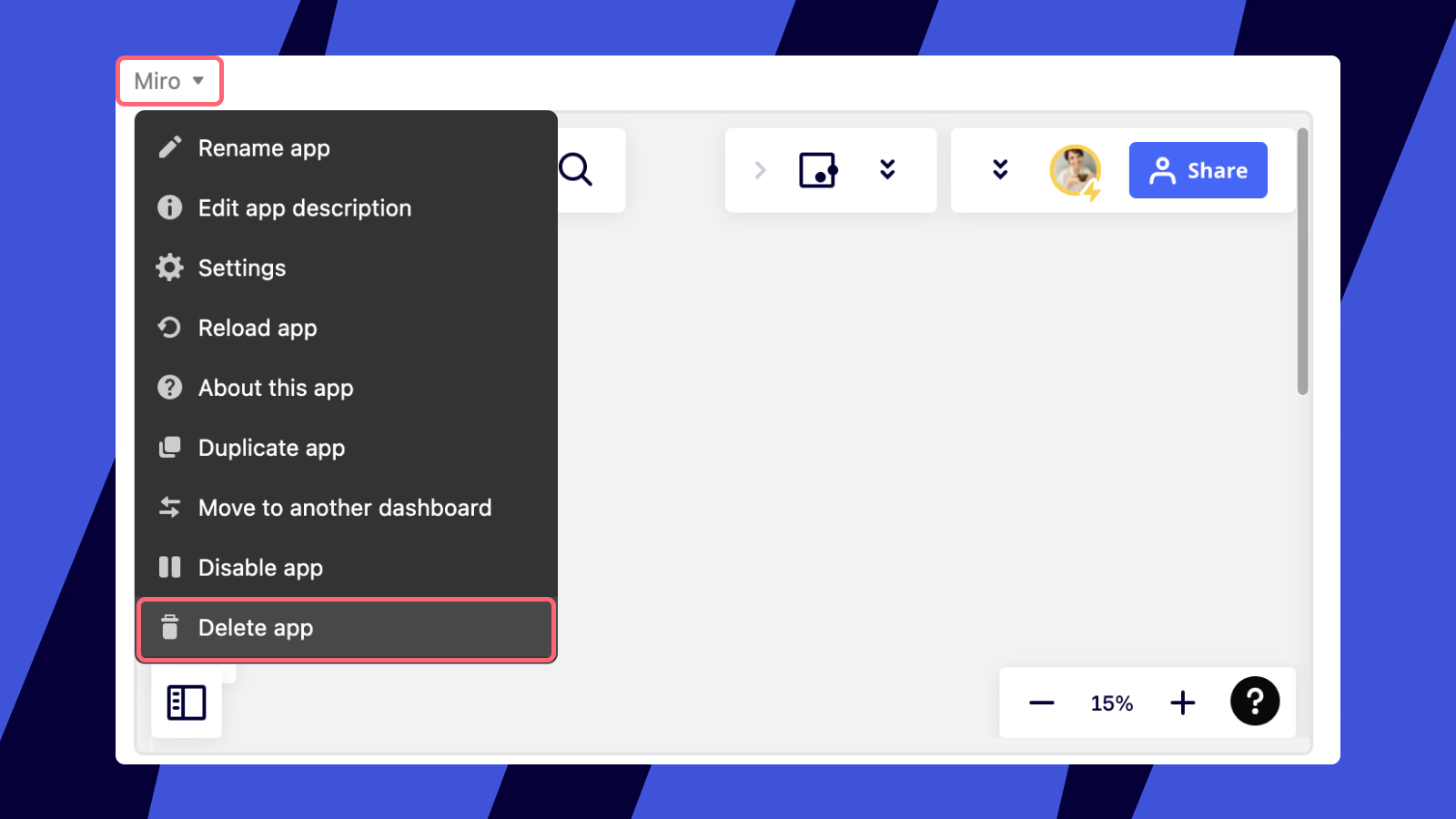 Deleting the Miro app from Airtable extensions panel.