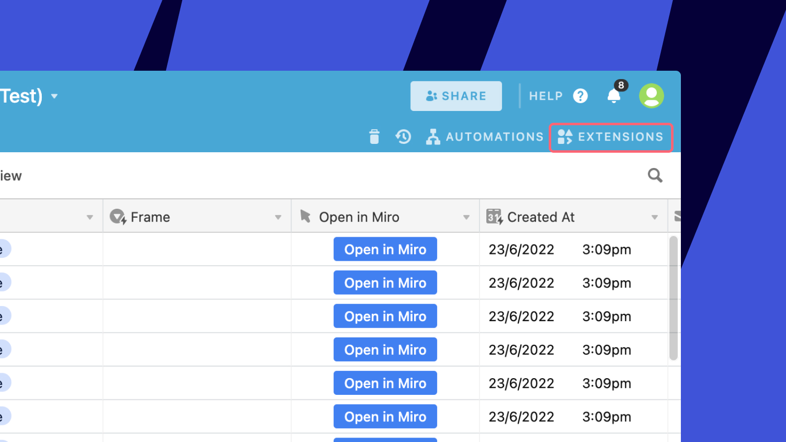 Airtable extensions button in the top right corner.