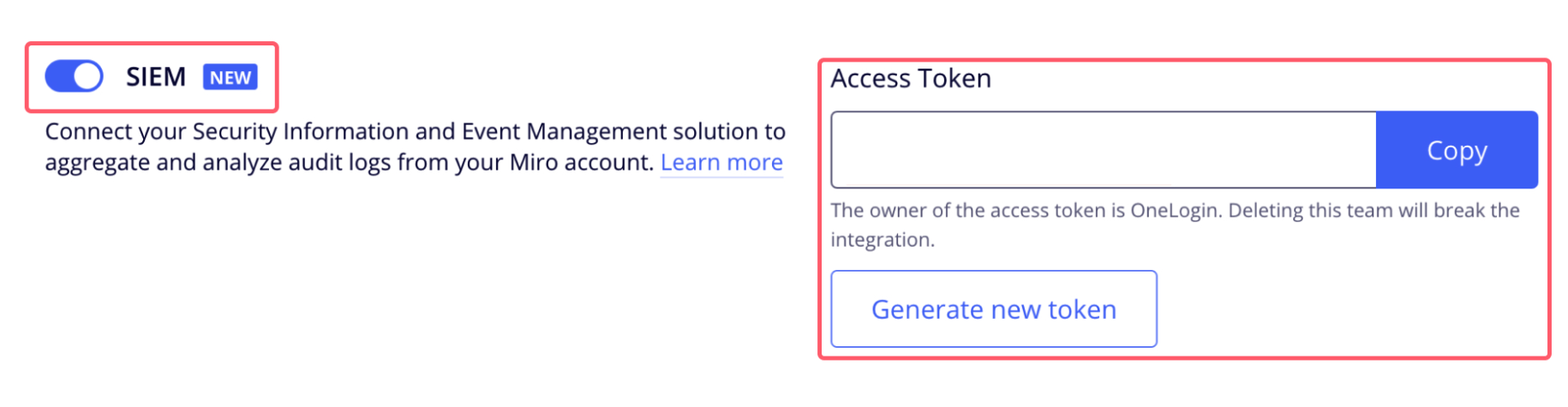 Token dostępu Miro SIEM w konsoli administracyjnej Enterprise